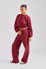 Glitter Applique Cropped Sweatshirt Tracksuit - Cherry Red