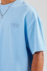 Oversized Washed Embroidered T-Shirt - Light Blue