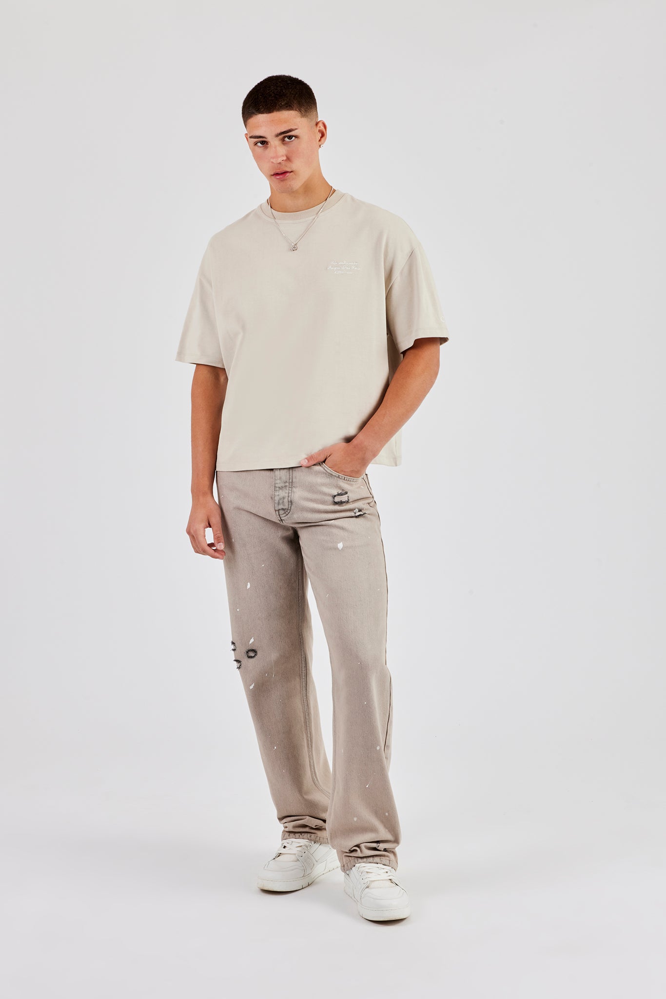 Relaxed Paint Splatter Jean - Washed Stone