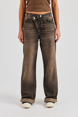 Baggy Denim Waistband Detail Jean - Brown