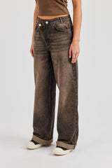 Baggy Denim Waistband Detail Jean - Brown