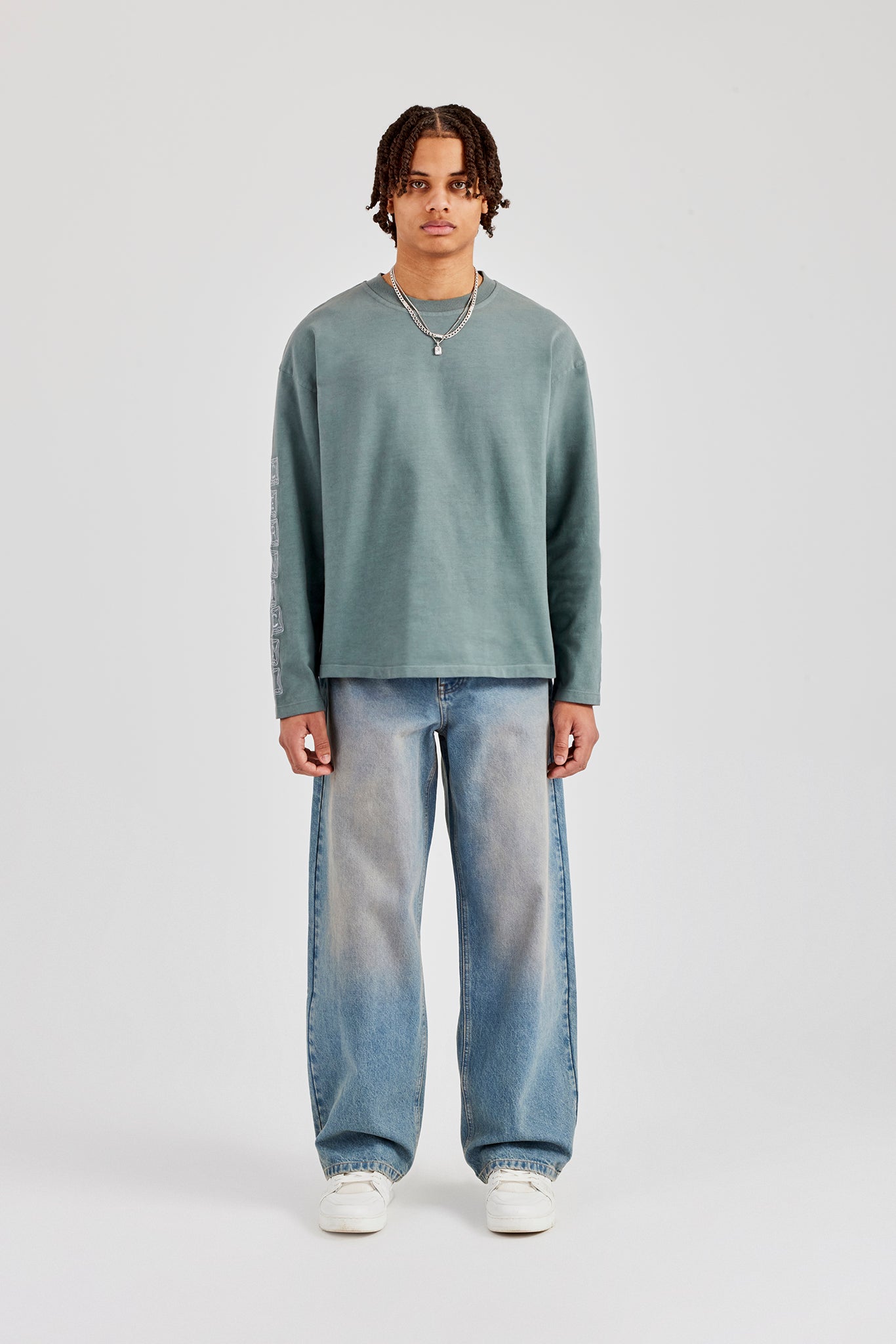 Washed Raw Hem Long Sleeve T-Shirt - Grey