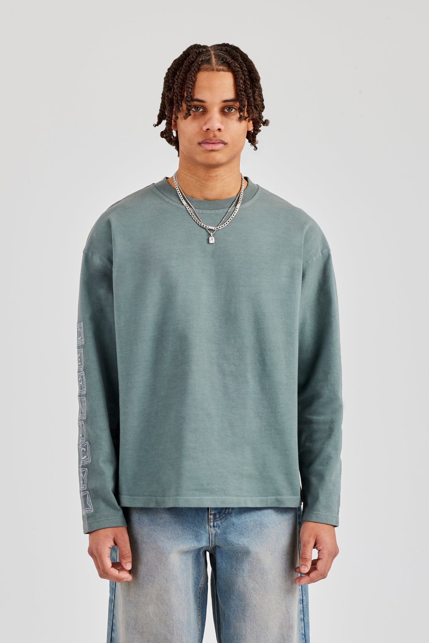 Washed Raw Hem Long Sleeve T-Shirt - Grey