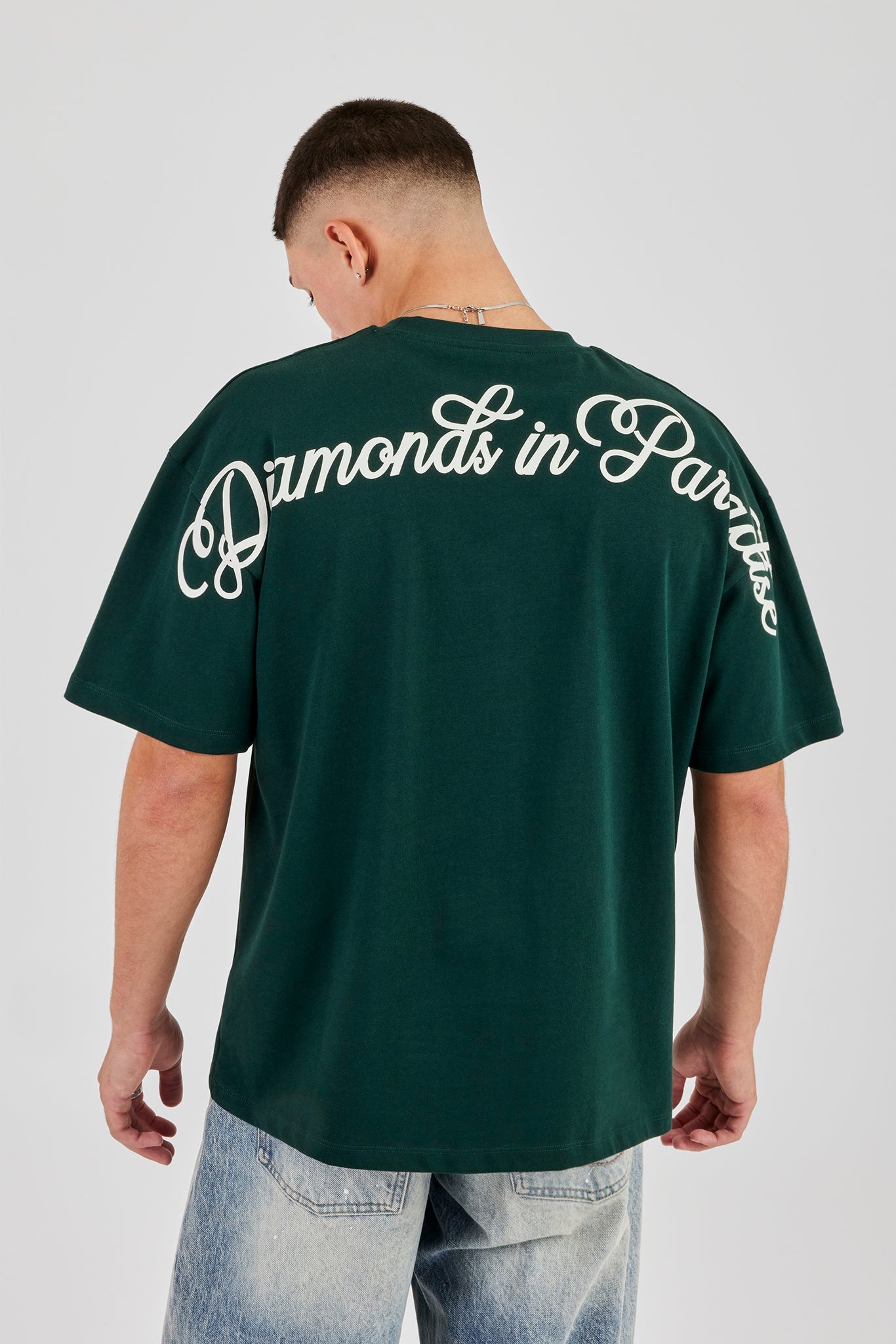 Diamonds Back Print Oversized T-Shirt - Forest Green