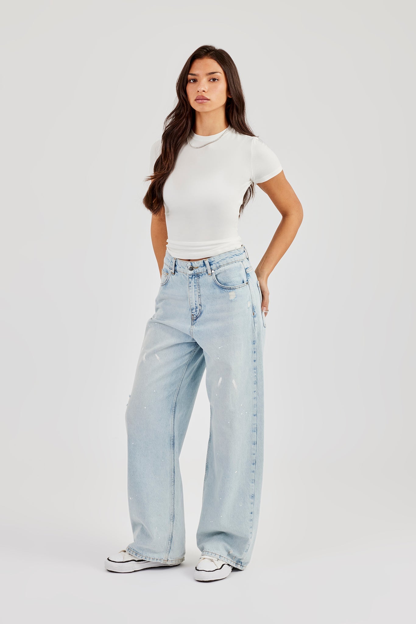Distressed Paint Splatter Jean - Ice Blue