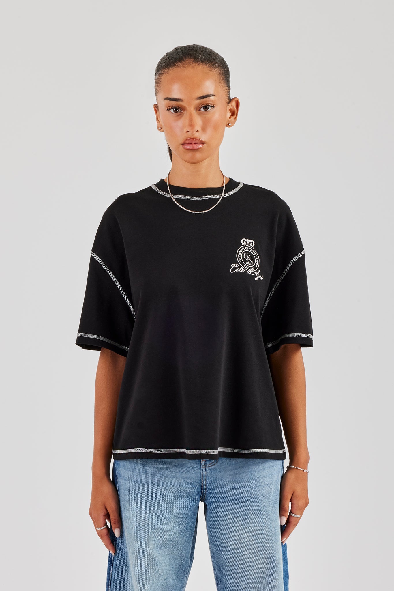 Yacht Club Contrast Stitch Oversized Embroidered T-Shirt - Black
