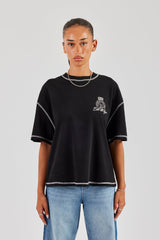 Yacht Club Contrast Stitch Oversized Embroidered T-Shirt - Black
