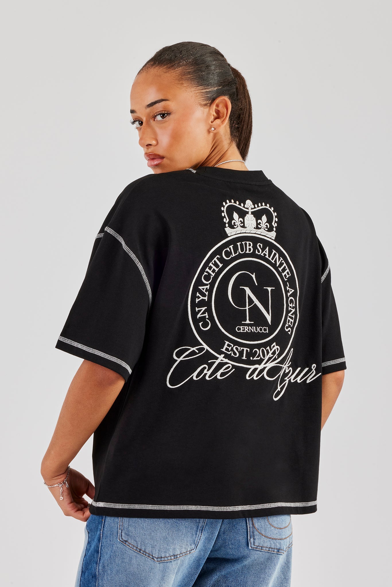 Yacht Club Contrast Stitch Oversized Embroidered T-Shirt - Black