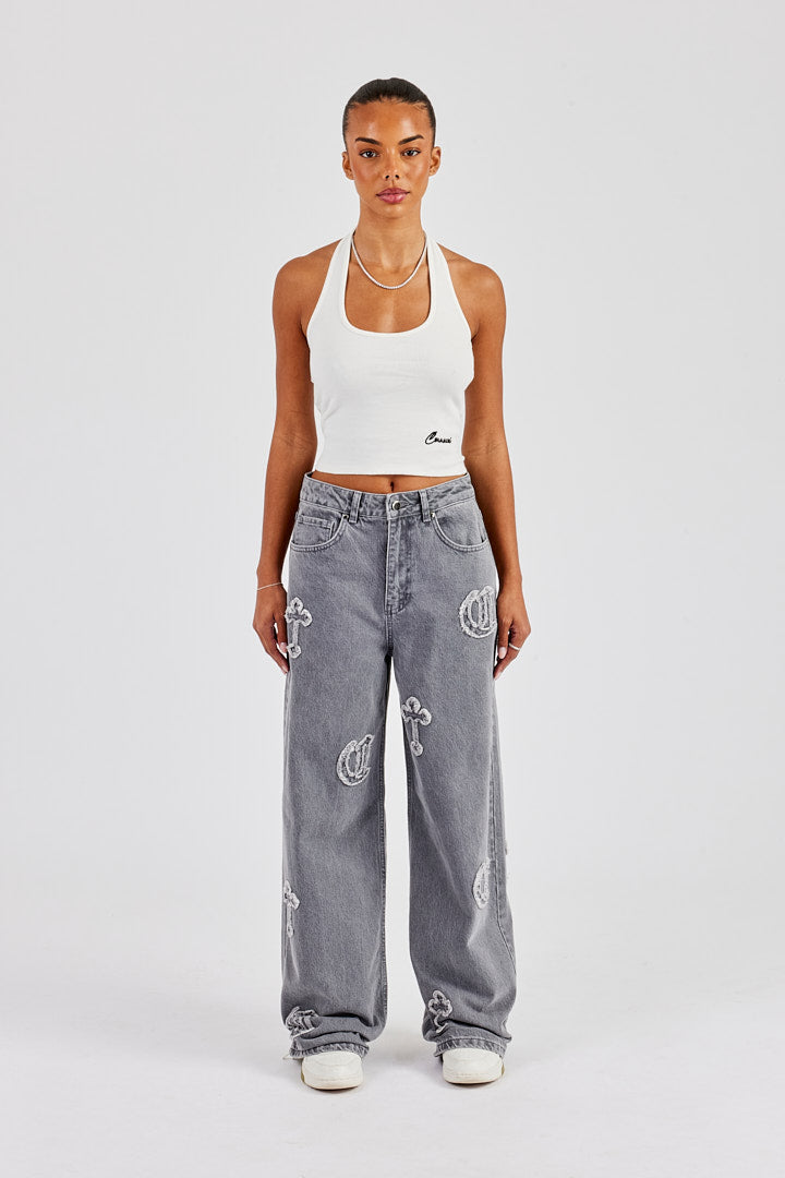 Ladies Raw Edge Applique Cross Baggy Jean - Washed Grey
