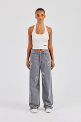 Ladies Raw Edge Applique Cross Baggy Jean - Washed Grey