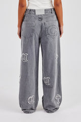 Ladies Raw Edge Applique Cross Baggy Jean - Washed Grey