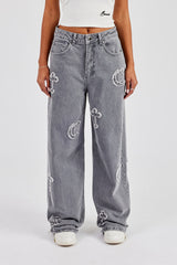 Ladies Raw Edge Applique Cross Baggy Jean - Washed Grey