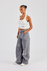 Ladies Raw Edge Applique Cross Baggy Jean - Washed Grey