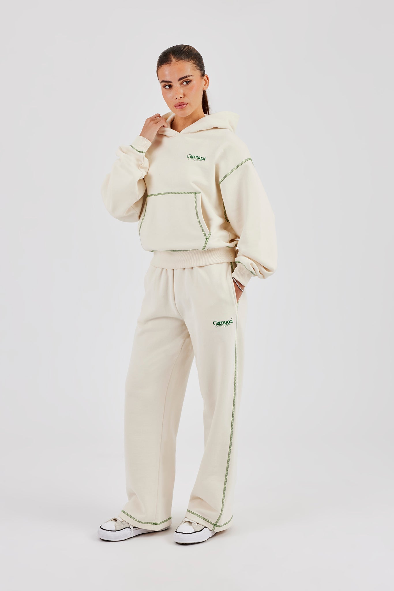 New York Contrast Stitch Boxy Hoodie & Wide Leg Jogger - Off White