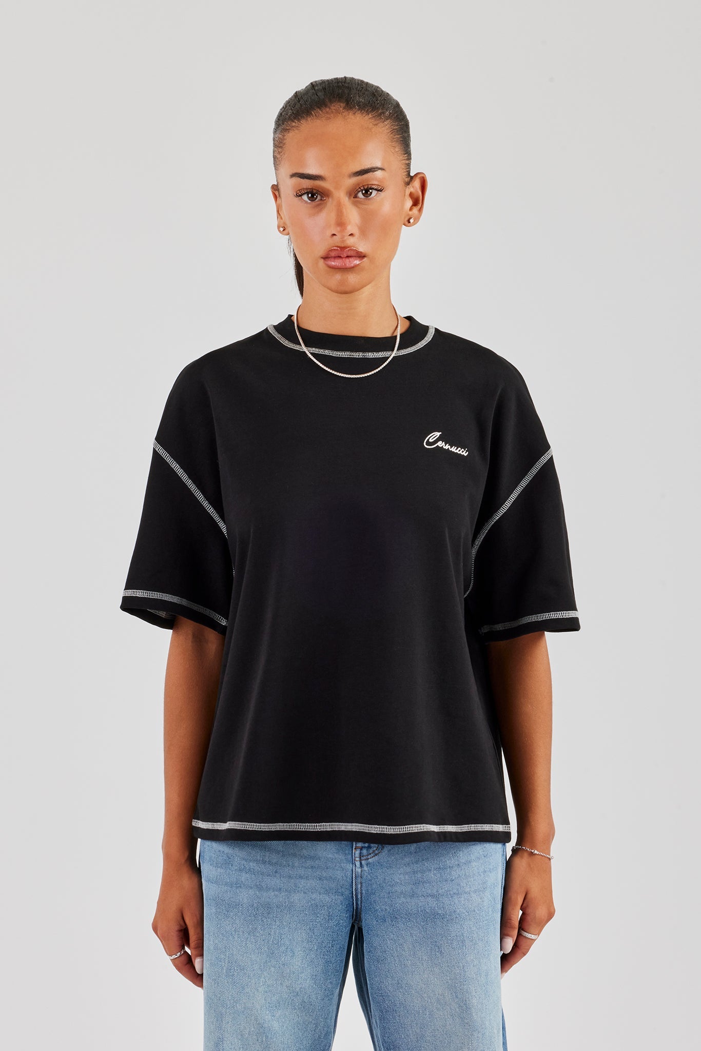 Cernucci Italia Contrast Stitch Oversized T-Shirt - Black