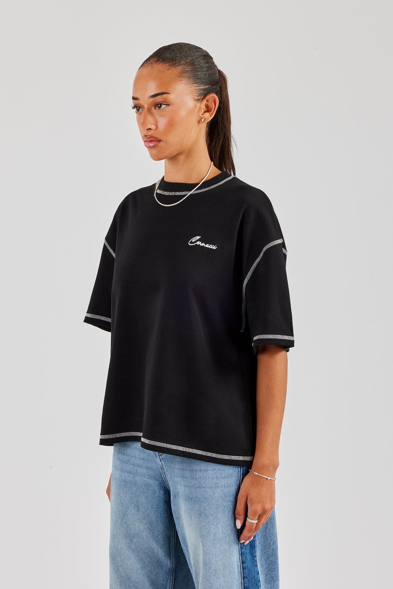 Cernucci Italia Contrast Stitch Oversized T-Shirt - Black