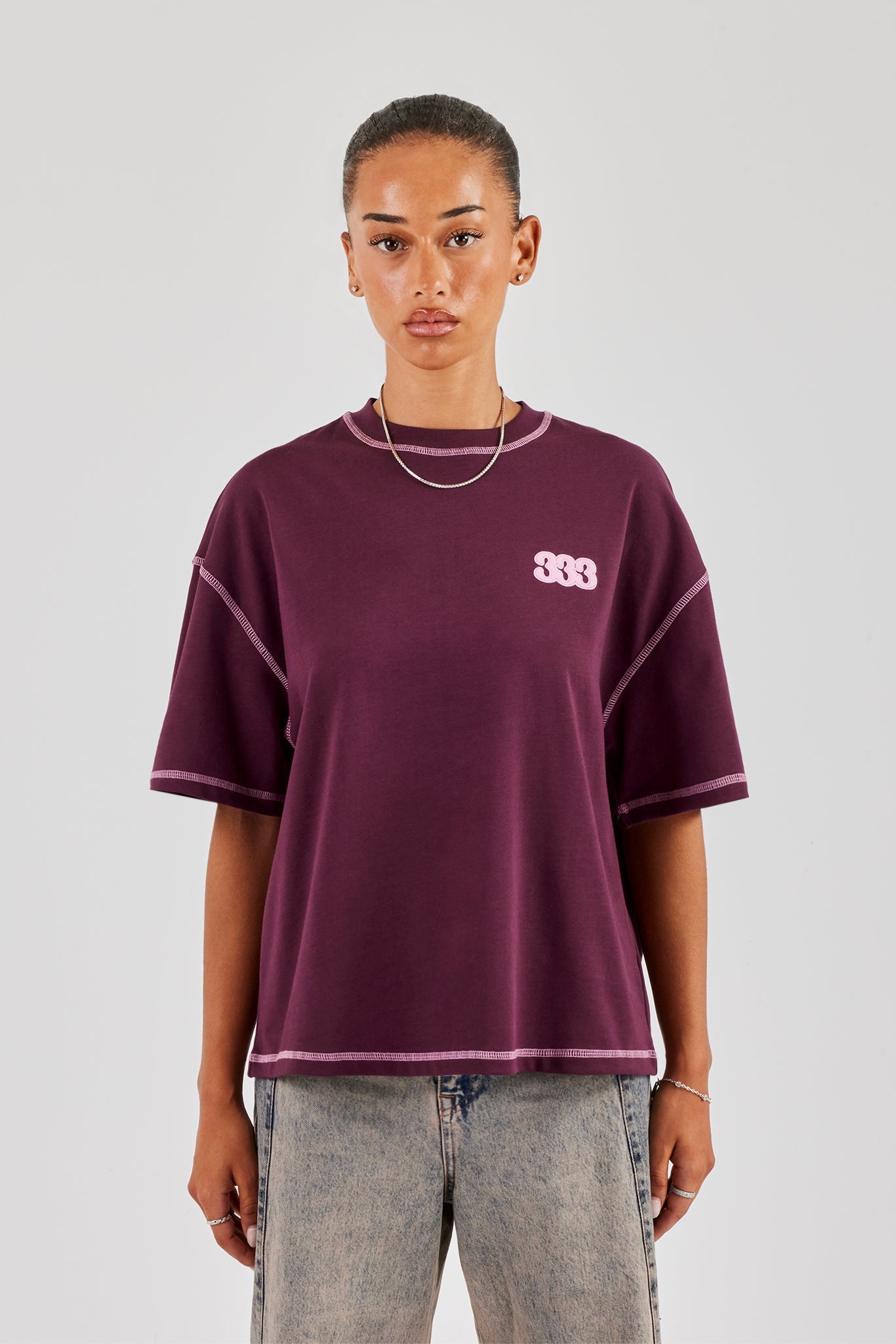 333 Cherub & Bow Contrast Stitch Oversized T-Shirt - Berry