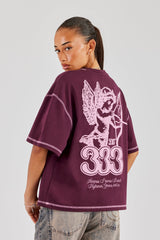 333 Cherub & Bow Contrast Stitch Oversized T-Shirt - Berry