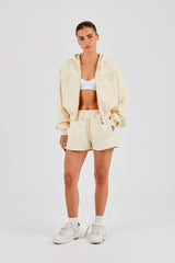 Boxy Cropped Applique Logo Zip Hoodie & Button Detail Shorts - Butter Yellow