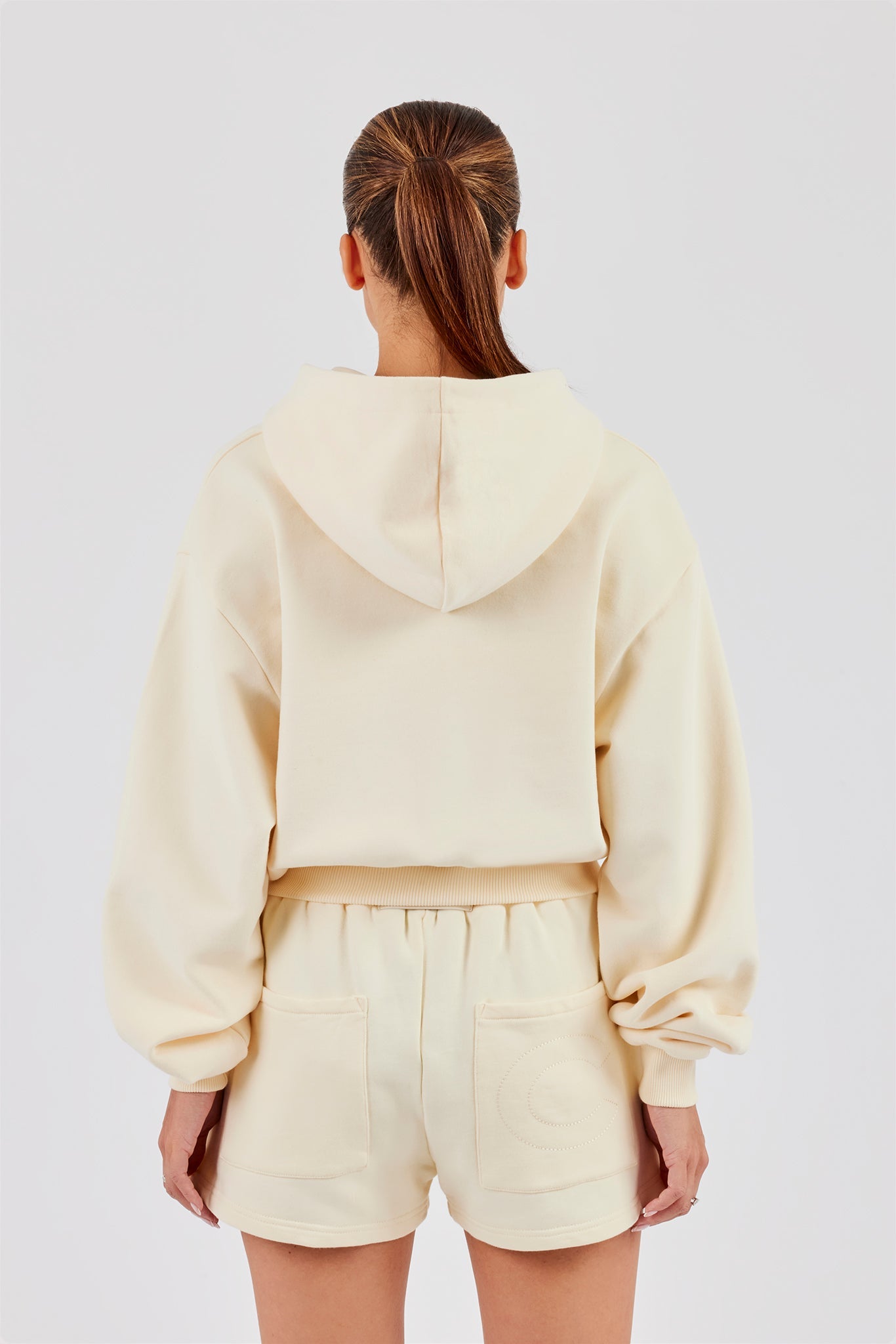 Boxy Cropped Applique Logo Zip Hoodie & Button Detail Shorts - Butter Yellow