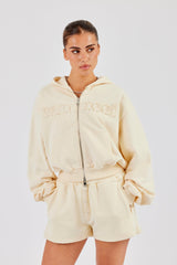 Boxy Cropped Applique Logo Zip Hoodie & Button Detail Shorts - Butter Yellow