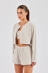 Terry Towelling Button Up Top - Beige