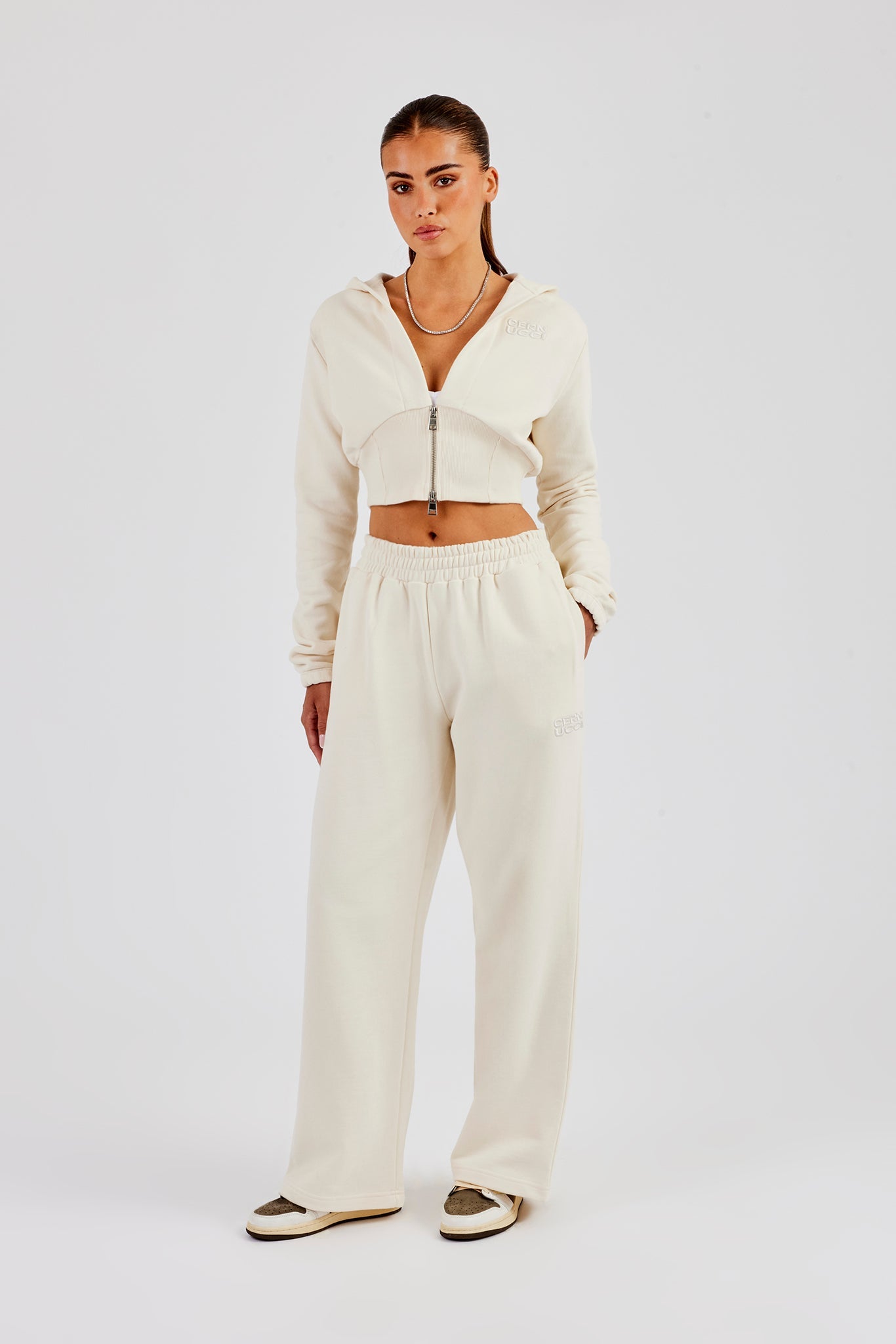 Embroidered Cernucci Wide Leg Jogger - Off White