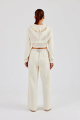 Rib Contrast Fitted Zip Hoodie & Wide Leg Jogger - Off White