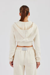 Rib Contrast Fitted Zip Hoodie - Off White