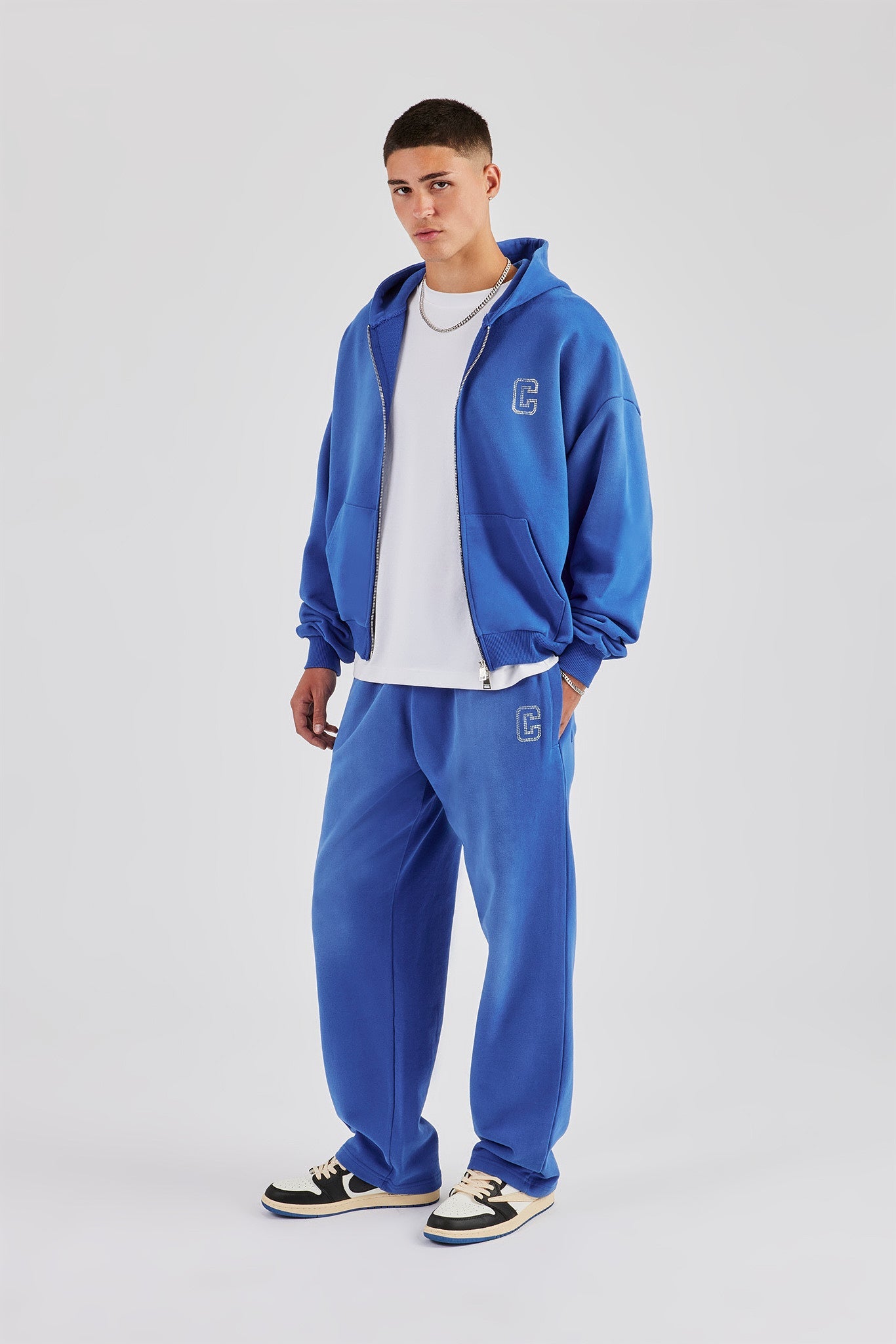 Washed Rhinestone C Zip Through Hoodie & Wide Leg Jogger - Washed Blue