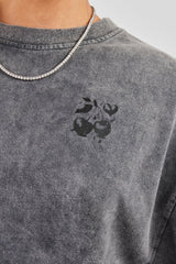 Oversized Washed Cherry Baby Rhinestone T-Shirt - Light Grey