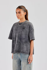 Oversized Washed Cherry Baby Rhinestone T-Shirt - Light Grey