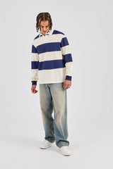 Striped Rugby Polo Top - Navy Blue