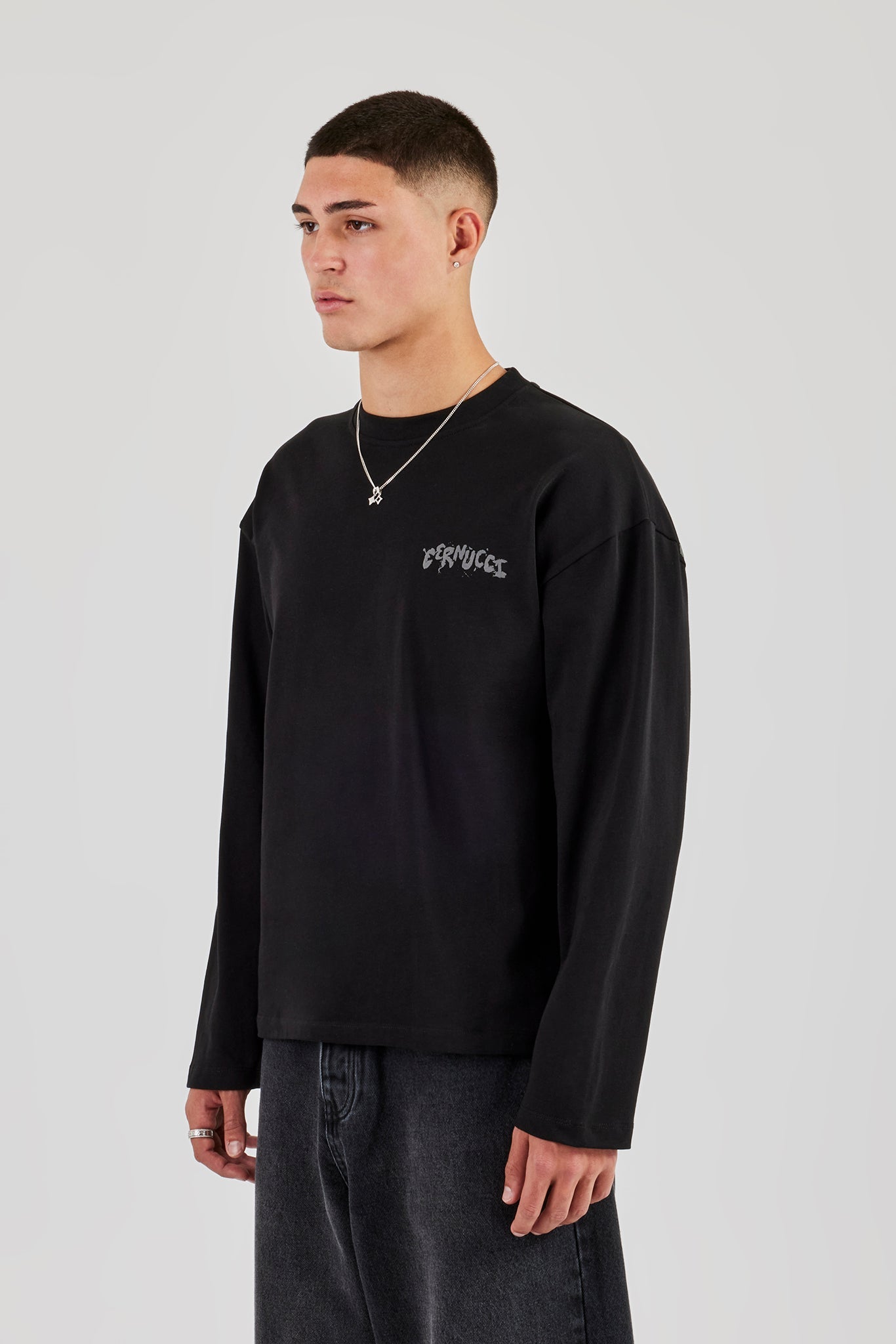 Long Sleeve Back Puff Print T-Shirt - Black