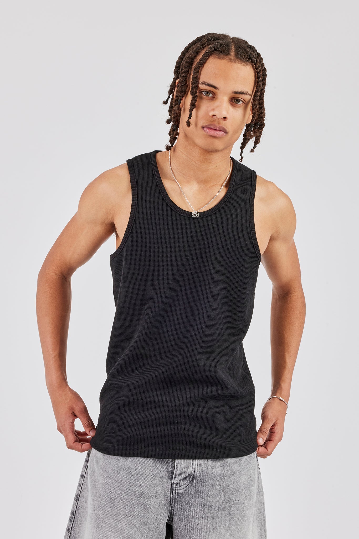 Waffle Vest Top - Black