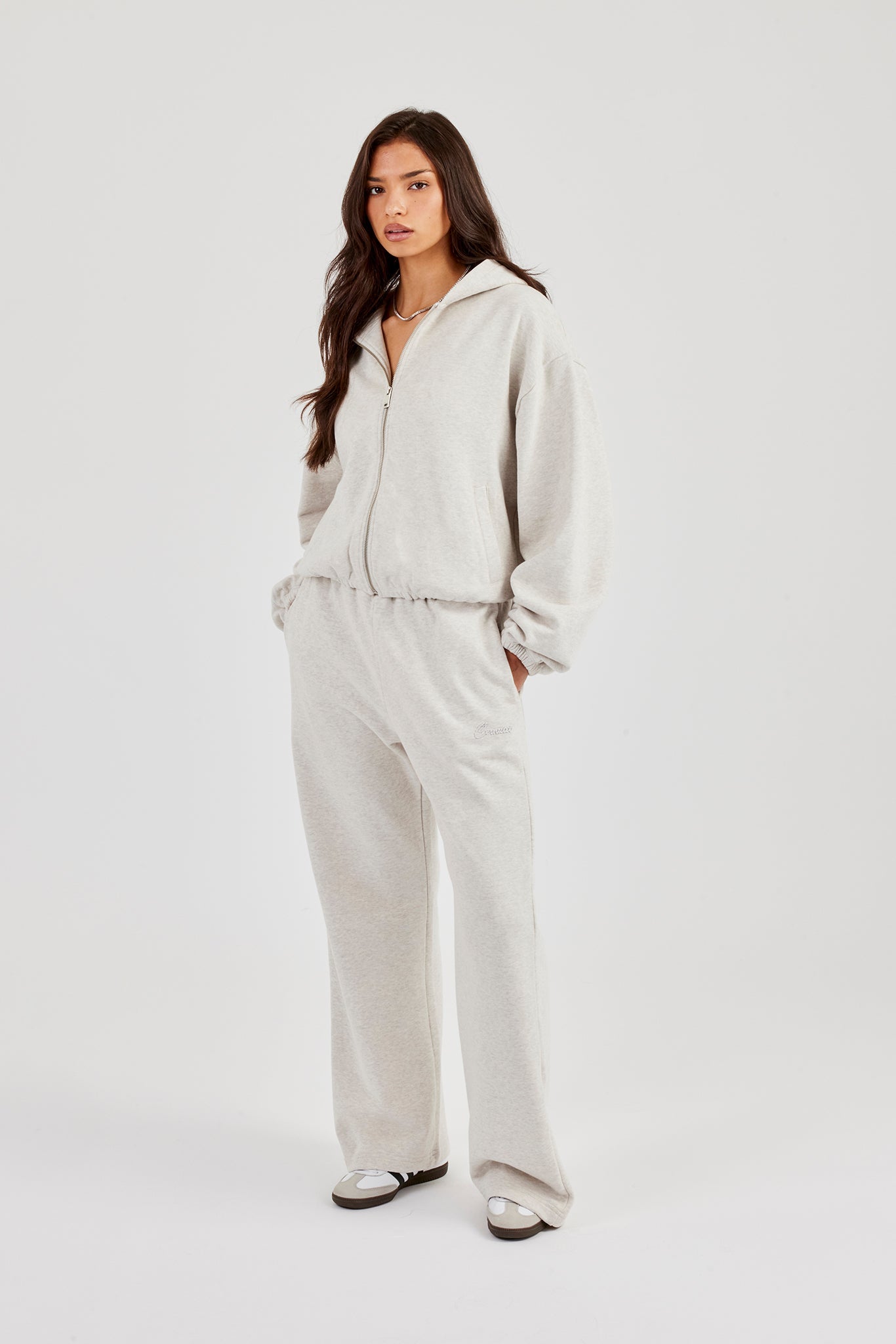 Towelling Applique Zip Hoodie & Wide Leg Jogger - Grey Marl