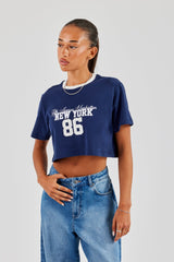 New York Contrast Cropped T-Shirt - Navy Blue