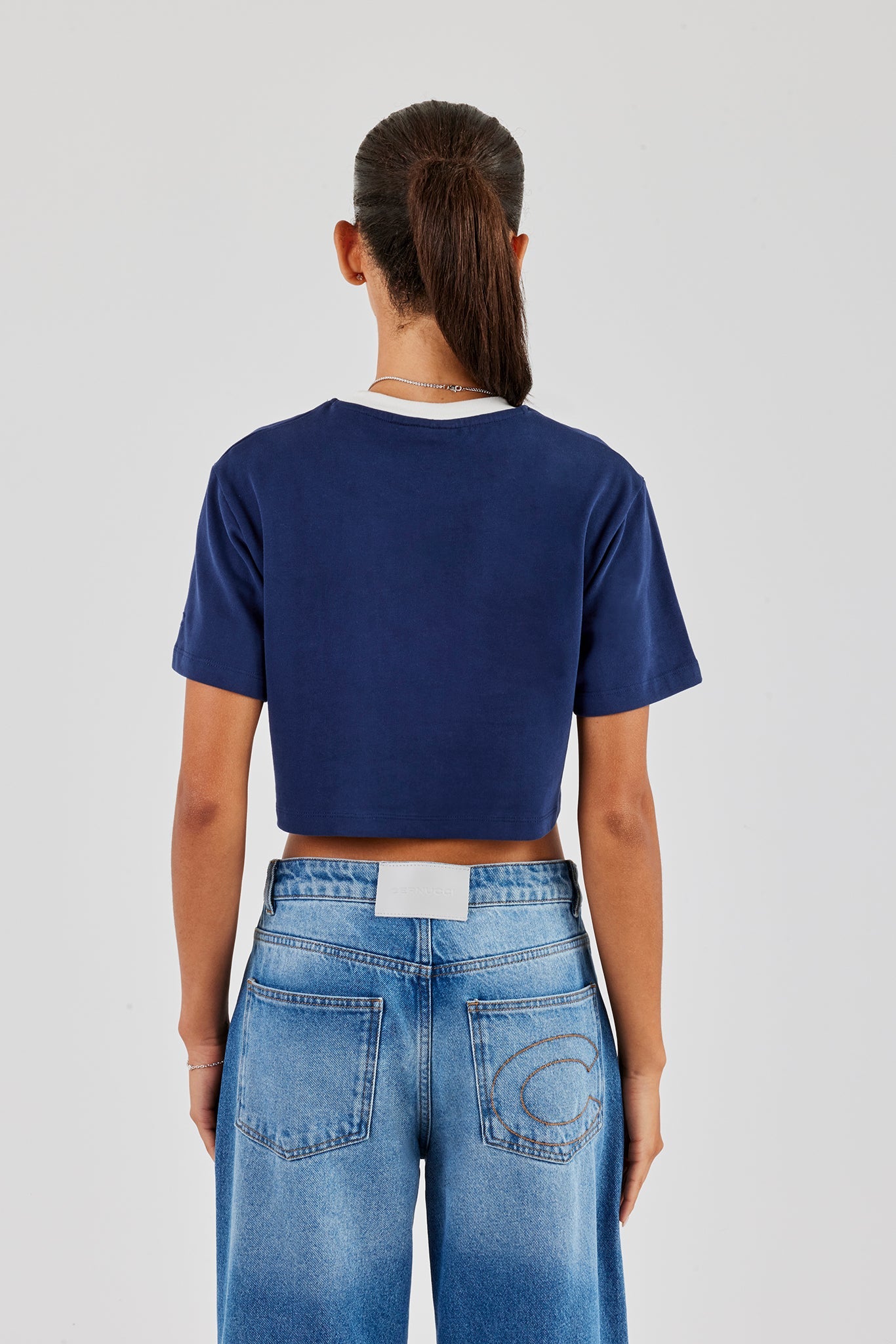 New York Contrast Cropped T-Shirt - Navy Blue