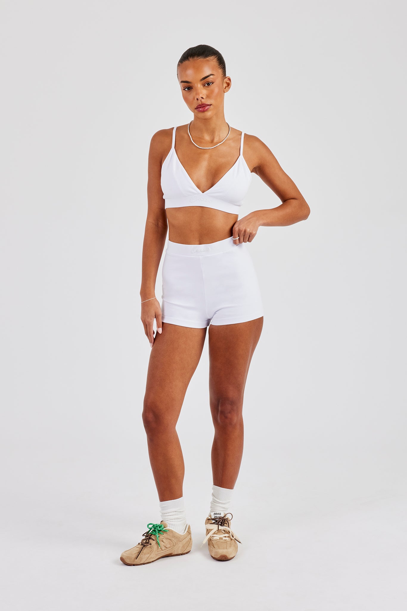 Plunge Front Bralet & Jersey Boxer Short - White