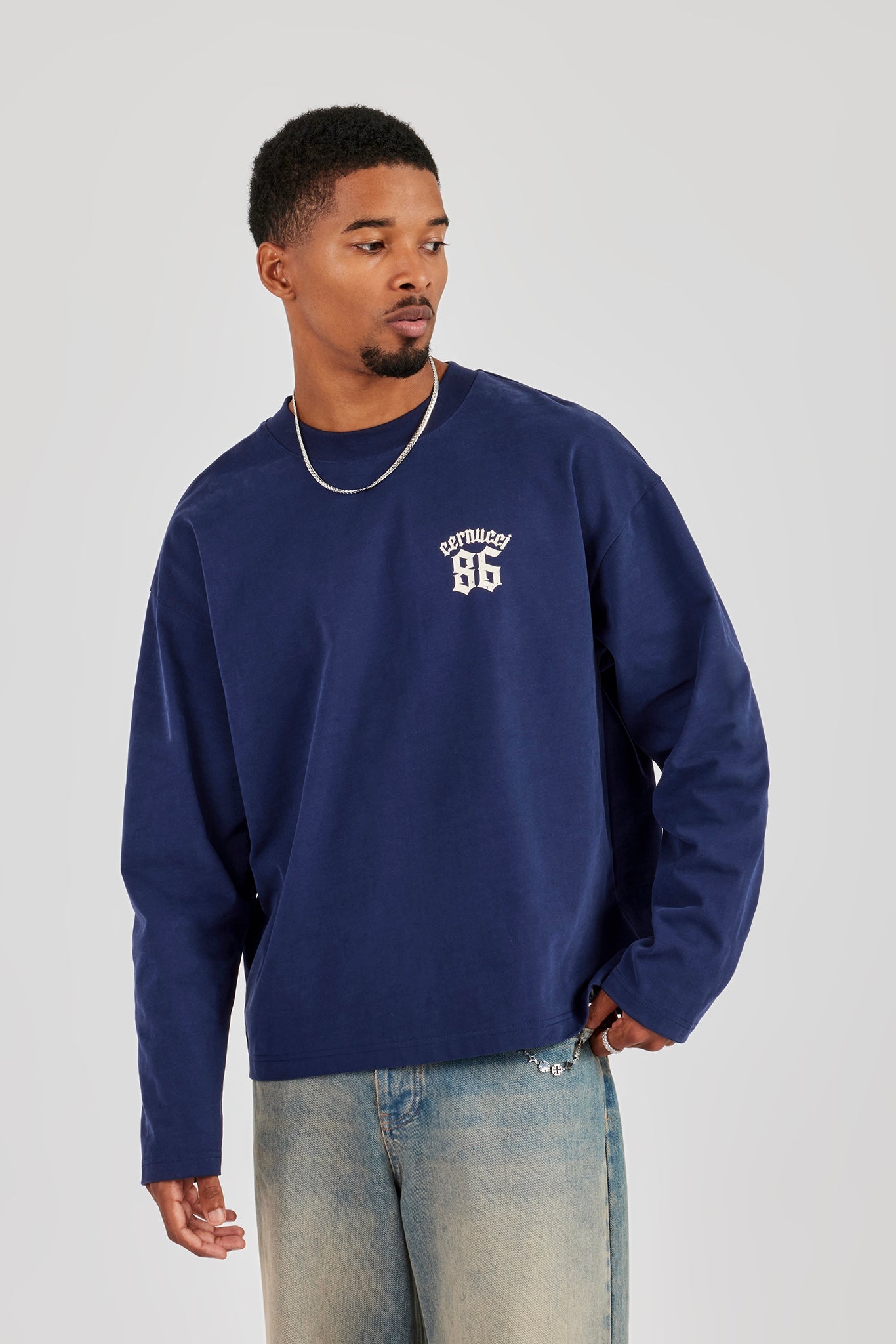 Long Sleeve 86 Back Print T-Shirt - Navy Blue