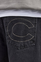 Relaxed Rhinestone Pocket Detail Jeans  - True Black