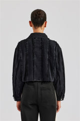 Oversized Raw Edge Cropped Denim Jacket - Washed Black