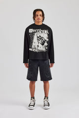 Raw Edge Applique Denim Bermuda Short - Black