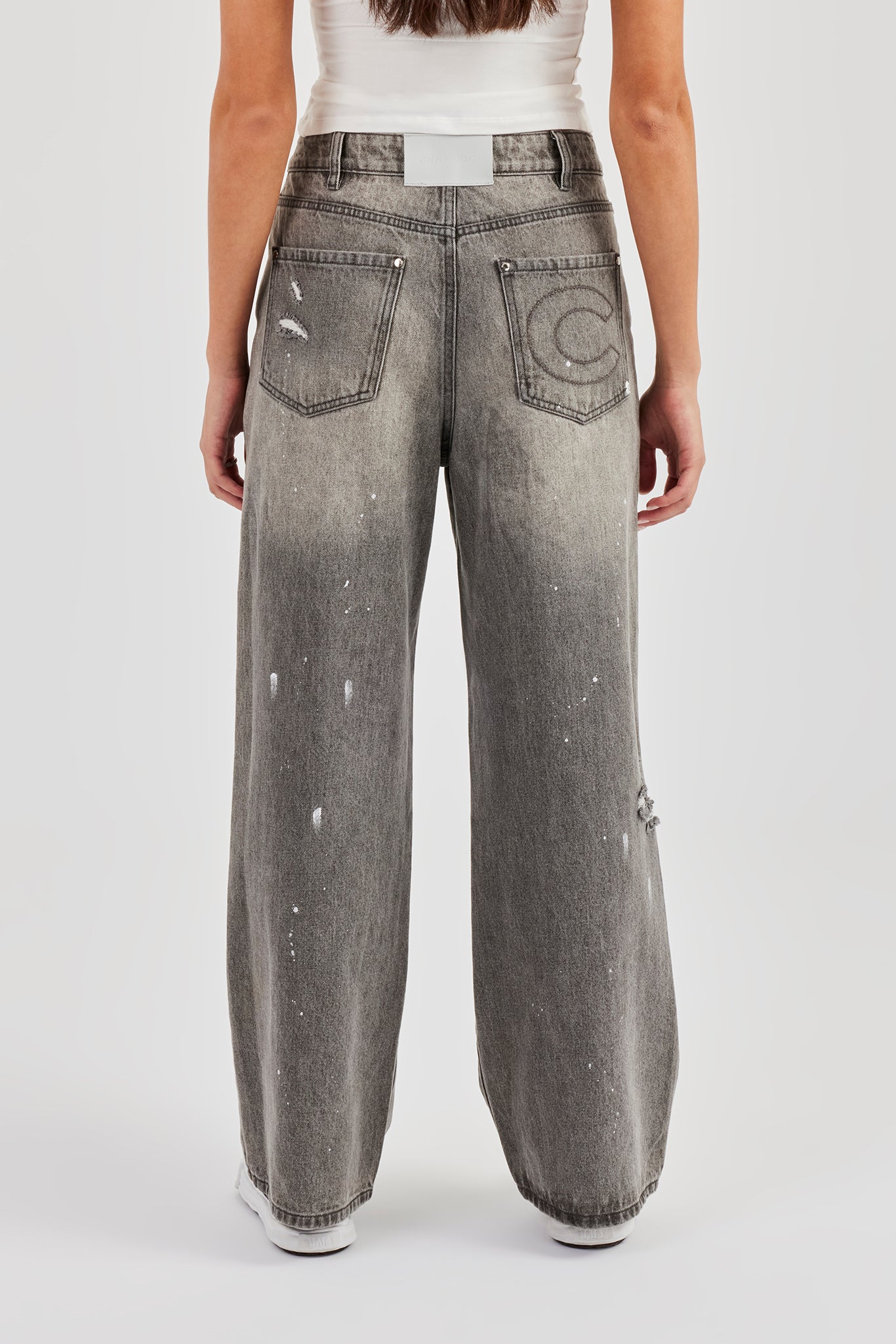 Distressed Paint Splatter Baggy Jean - Washed Grey