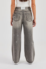 Distressed Paint Splatter Baggy Jean - Washed Grey