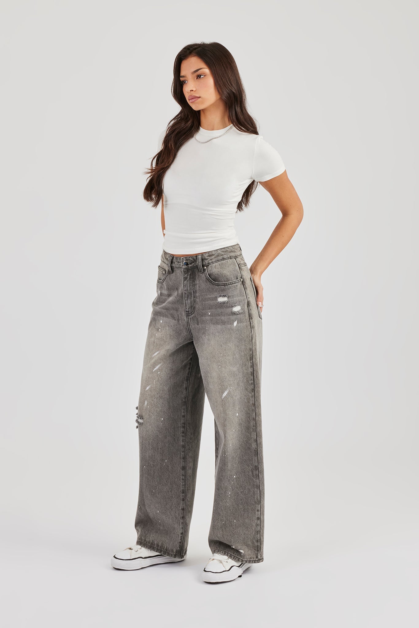 Distressed Paint Splatter Baggy Jean - Washed Grey