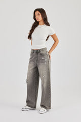 Distressed Paint Splatter Baggy Jean - Washed Grey