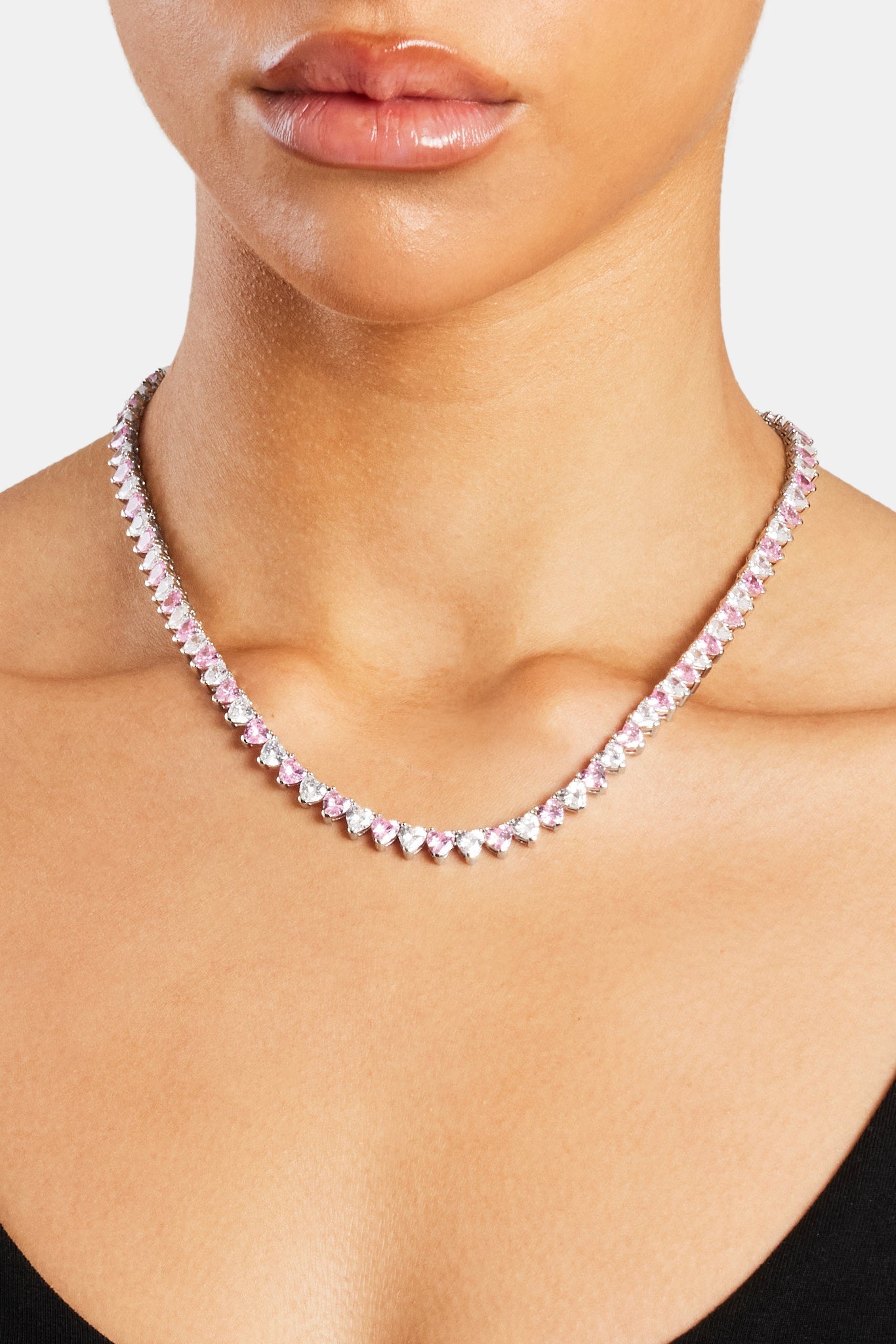 Pink & Clear Heart Tennis Chain - White - 5mm