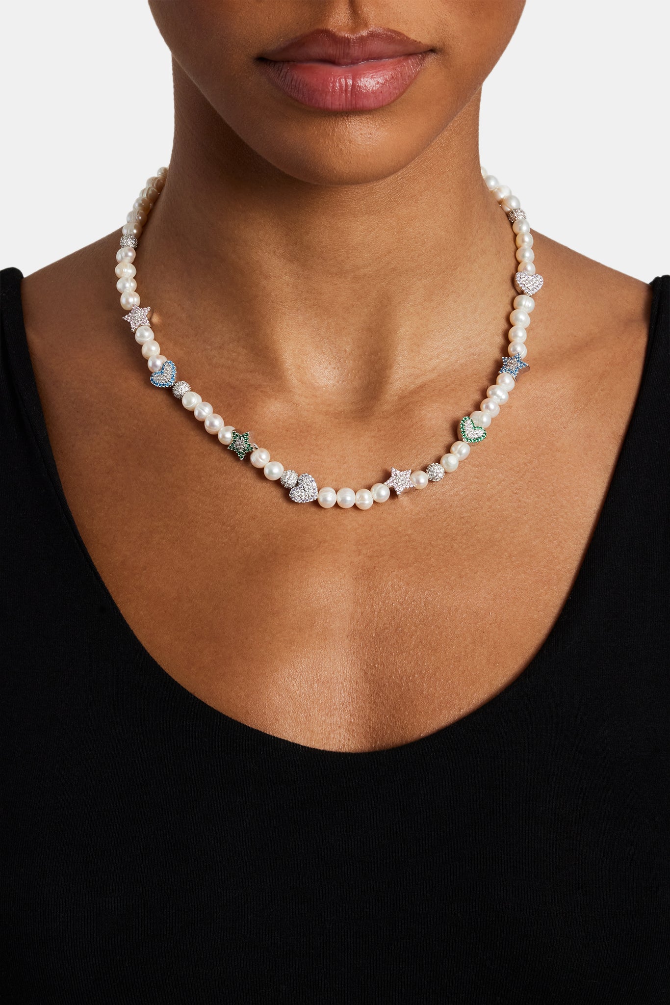 Freshwater Pearl Iced Mixed Motif Necklace - 6mm