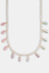 Freshwater Pearl Pastel Cowrie Shell Necklace in gold with white background
